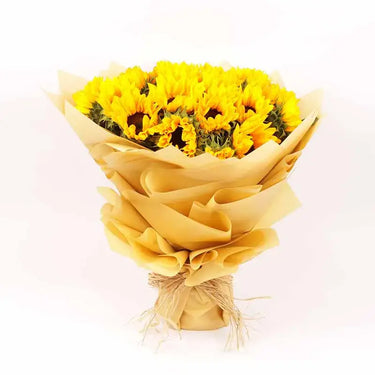 Sunny Elegance Bouquet, 15 Sunflowers, Beige Wrapping, Natural Raffia Tie